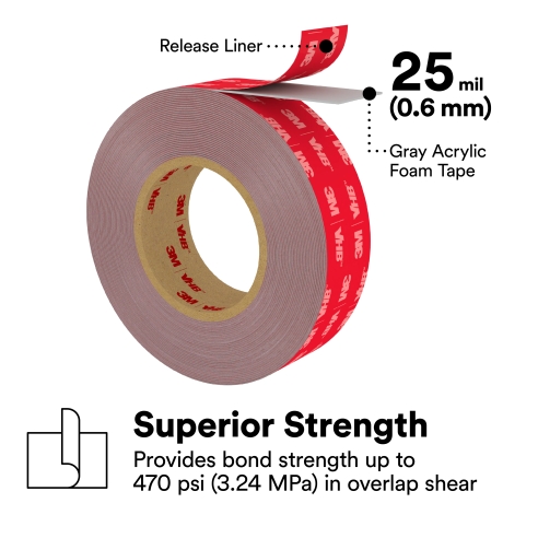 3M™ VHB™ Tape Max-060GF, Grey, 12mm x 33m, 0.6mm, Film Liner